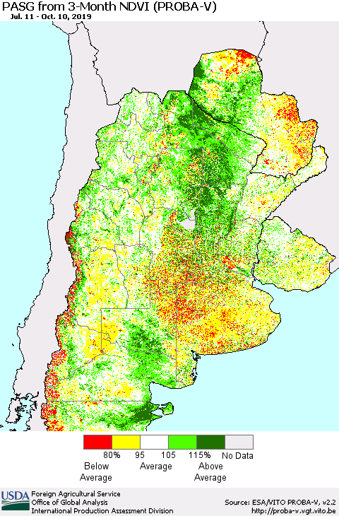 Southern South America PASG from 3-Month NDVI (PROBA-V) Thematic Map For 10/1/2019 - 10/10/2019