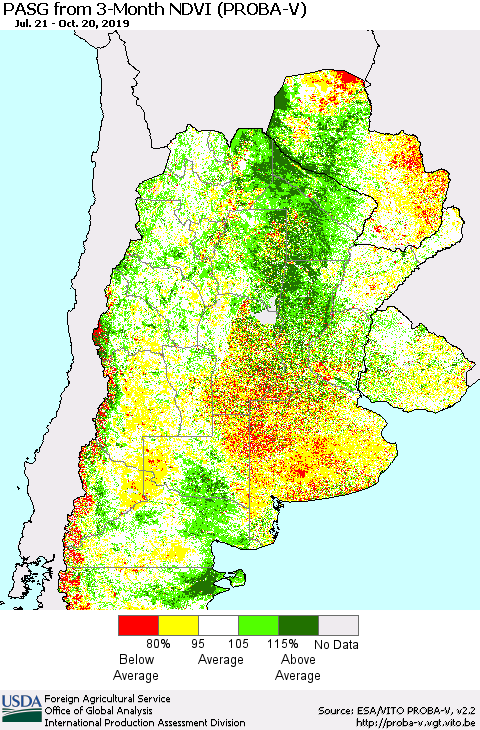 Southern South America PASG from 3-Month NDVI (PROBA-V) Thematic Map For 10/11/2019 - 10/20/2019