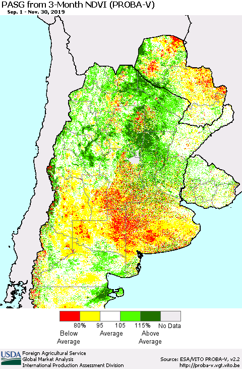 Southern South America PASG from 3-Month NDVI (PROBA-V) Thematic Map For 11/21/2019 - 11/30/2019