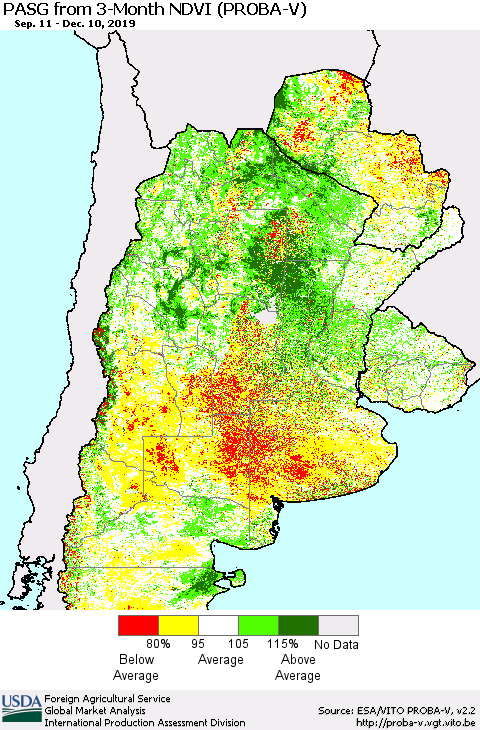 Southern South America PASG from 3-Month NDVI (PROBA-V) Thematic Map For 12/1/2019 - 12/10/2019