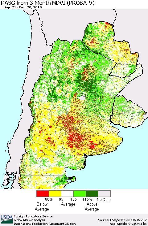 Southern South America PASG from 3-Month NDVI (PROBA-V) Thematic Map For 12/11/2019 - 12/20/2019