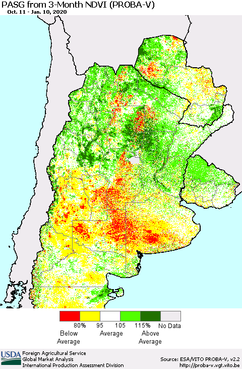 Southern South America PASG from 3-Month NDVI (PROBA-V) Thematic Map For 1/1/2020 - 1/10/2020