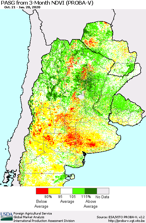 Southern South America PASG from 3-Month NDVI (PROBA-V) Thematic Map For 1/11/2020 - 1/20/2020