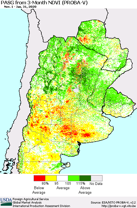 Southern South America PASG from 3-Month NDVI (PROBA-V) Thematic Map For 1/21/2020 - 1/31/2020