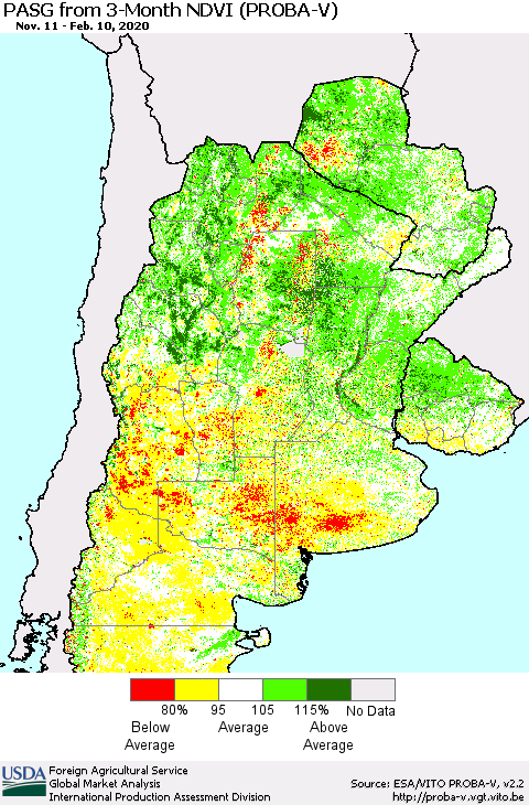Southern South America PASG from 3-Month NDVI (PROBA-V) Thematic Map For 2/1/2020 - 2/10/2020