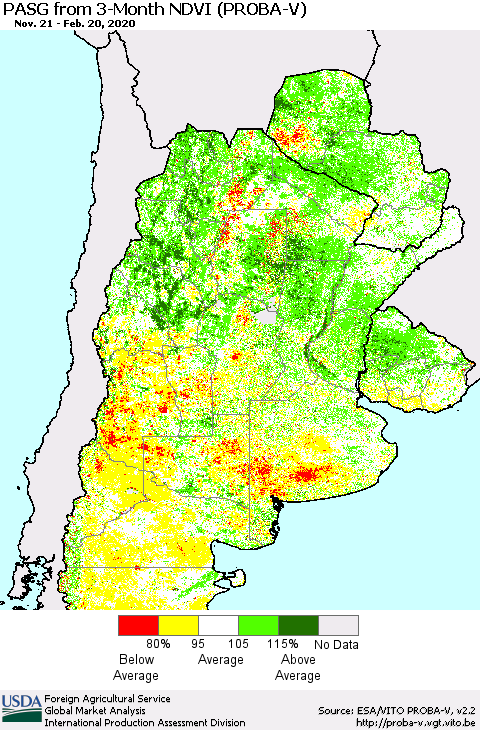 Southern South America PASG from 3-Month NDVI (PROBA-V) Thematic Map For 2/11/2020 - 2/20/2020