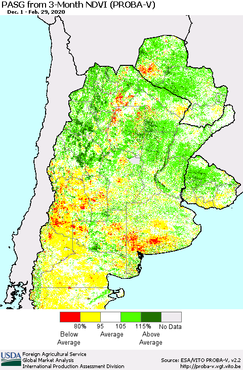 Southern South America PASG from 3-Month NDVI (PROBA-V) Thematic Map For 2/21/2020 - 2/29/2020