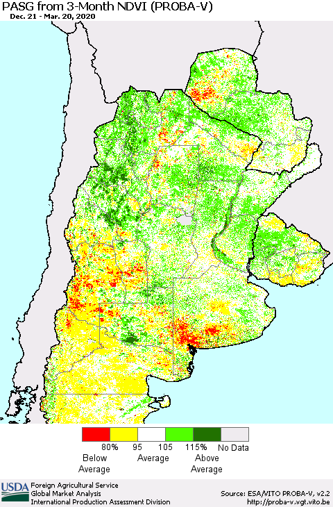 Southern South America PASG from 3-Month NDVI (PROBA-V) Thematic Map For 3/11/2020 - 3/20/2020