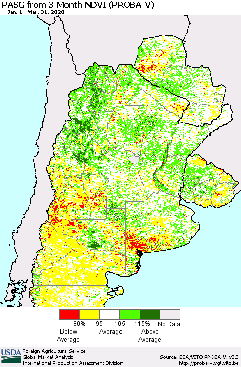 Southern South America PASG from 3-Month NDVI (PROBA-V) Thematic Map For 3/21/2020 - 3/31/2020