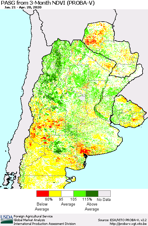 Southern South America PASG from 3-Month NDVI (PROBA-V) Thematic Map For 4/11/2020 - 4/20/2020