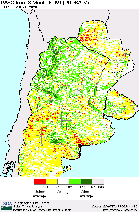 Southern South America PASG from 3-Month NDVI (PROBA-V) Thematic Map For 4/21/2020 - 4/30/2020
