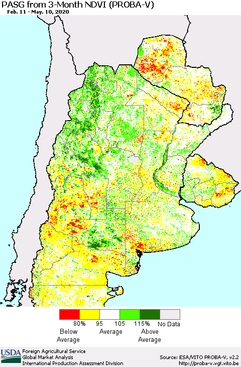 Southern South America PASG from 3-Month NDVI (PROBA-V) Thematic Map For 5/1/2020 - 5/10/2020