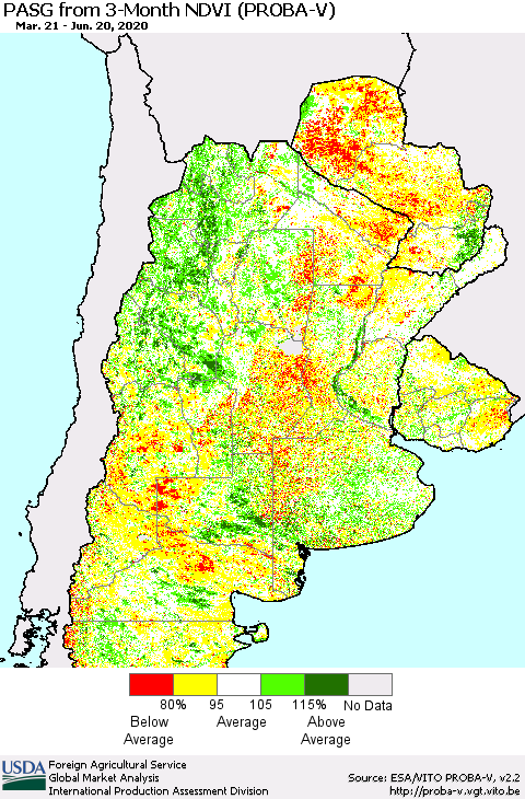 Southern South America PASG from 3-Month NDVI (PROBA-V) Thematic Map For 6/11/2020 - 6/20/2020