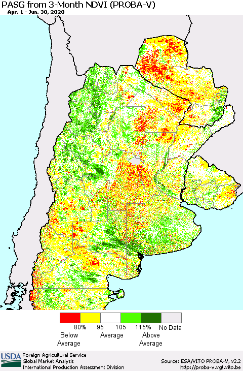 Southern South America PASG from 3-Month NDVI (PROBA-V) Thematic Map For 6/21/2020 - 6/30/2020