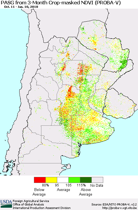Southern South America PASG from 3-Month Crop-masked NDVI (PROBA-V) Thematic Map For 1/1/2018 - 1/10/2018