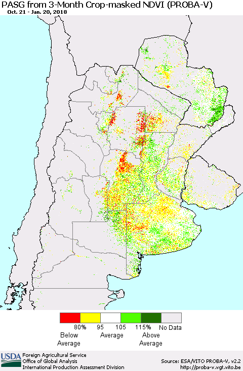 Southern South America PASG from 3-Month Crop-masked NDVI (PROBA-V) Thematic Map For 1/11/2018 - 1/20/2018