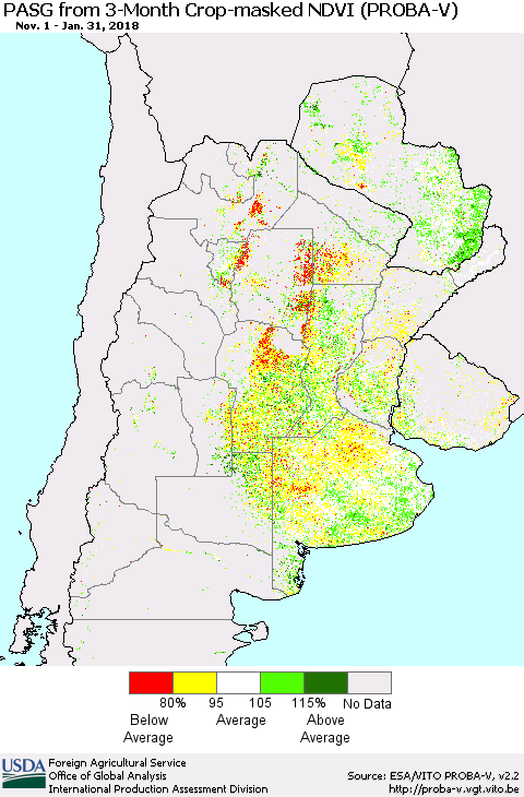 Southern South America PASG from 3-Month Crop-masked NDVI (PROBA-V) Thematic Map For 1/21/2018 - 1/31/2018