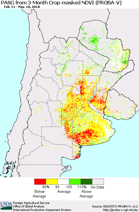 Southern South America PASG from 3-Month Crop-masked NDVI (PROBA-V) Thematic Map For 5/1/2018 - 5/10/2018
