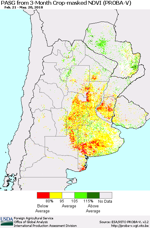 Southern South America PASG from 3-Month Crop-masked NDVI (PROBA-V) Thematic Map For 5/11/2018 - 5/20/2018