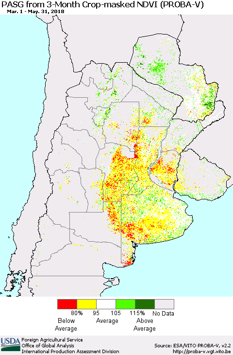 Southern South America PASG from 3-Month Crop-masked NDVI (PROBA-V) Thematic Map For 5/21/2018 - 5/31/2018