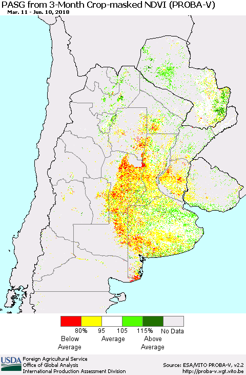 Southern South America PASG from 3-Month Crop-masked NDVI (PROBA-V) Thematic Map For 6/1/2018 - 6/10/2018