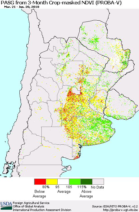 Southern South America PASG from 3-Month Crop-masked NDVI (PROBA-V) Thematic Map For 6/11/2018 - 6/20/2018