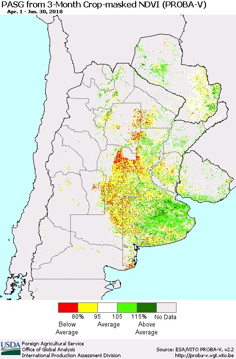 Southern South America PASG from 3-Month Crop-masked NDVI (PROBA-V) Thematic Map For 6/21/2018 - 6/30/2018