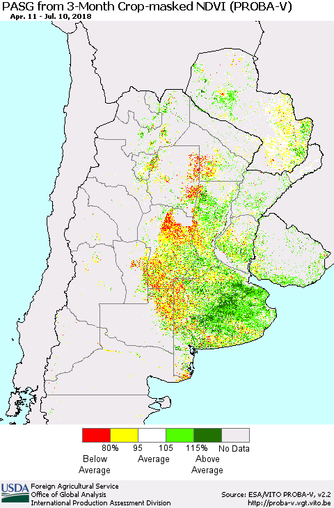 Southern South America PASG from 3-Month Crop-masked NDVI (PROBA-V) Thematic Map For 7/1/2018 - 7/10/2018