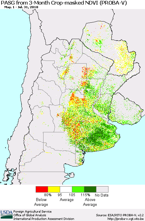 Southern South America PASG from 3-Month Crop-masked NDVI (PROBA-V) Thematic Map For 7/21/2018 - 7/31/2018
