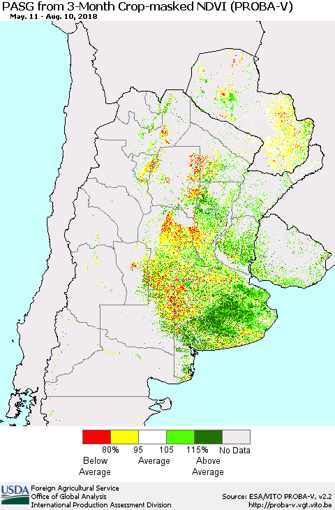 Southern South America PASG from 3-Month Crop-masked NDVI (PROBA-V) Thematic Map For 8/1/2018 - 8/10/2018