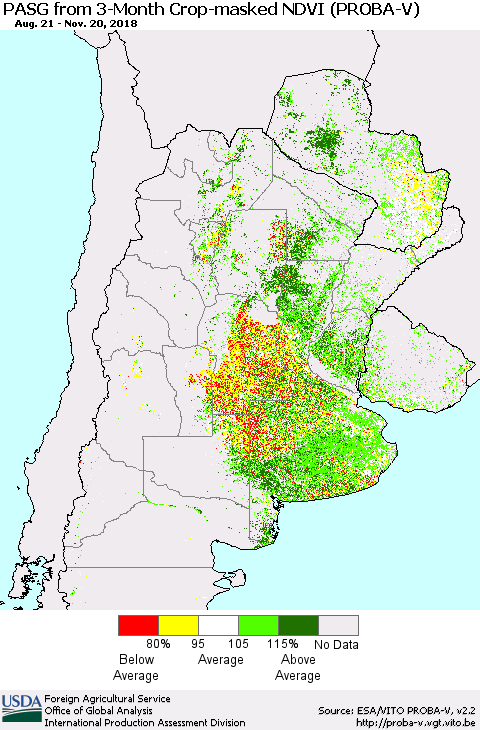Southern South America PASG from 3-Month Crop-masked NDVI (PROBA-V) Thematic Map For 11/11/2018 - 11/20/2018