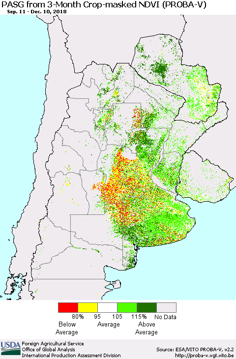 Southern South America PASG from 3-Month Crop-masked NDVI (PROBA-V) Thematic Map For 12/1/2018 - 12/10/2018