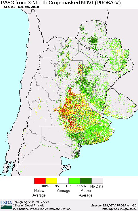 Southern South America PASG from 3-Month Crop-masked NDVI (PROBA-V) Thematic Map For 12/11/2018 - 12/20/2018