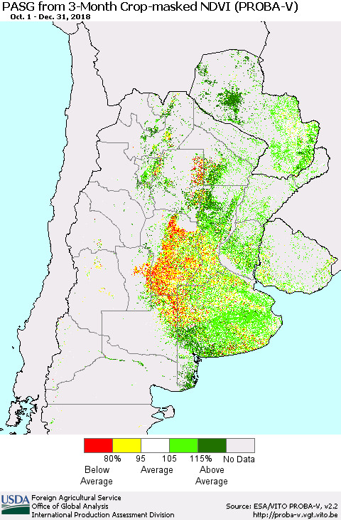Southern South America PASG from 3-Month Crop-masked NDVI (PROBA-V) Thematic Map For 12/21/2018 - 12/31/2018