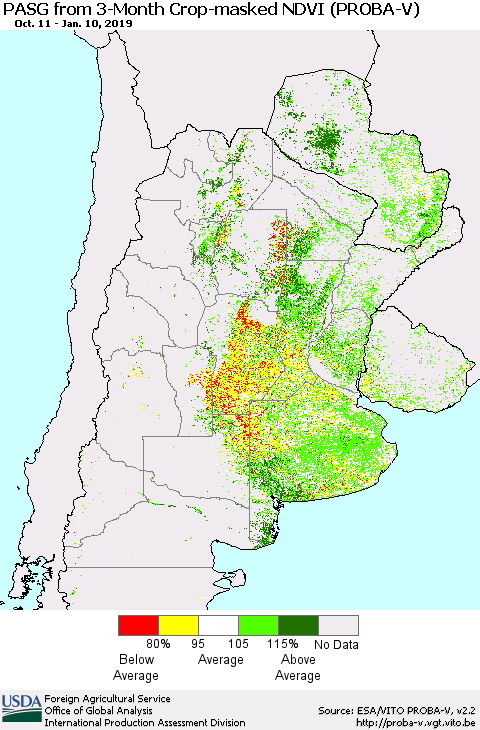 Southern South America PASG from 3-Month Crop-masked NDVI (PROBA-V) Thematic Map For 1/1/2019 - 1/10/2019