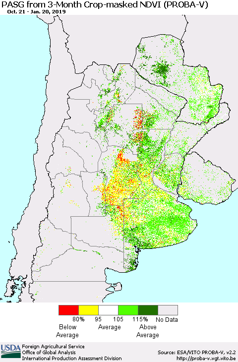 Southern South America PASG from 3-Month Crop-masked NDVI (PROBA-V) Thematic Map For 1/11/2019 - 1/20/2019