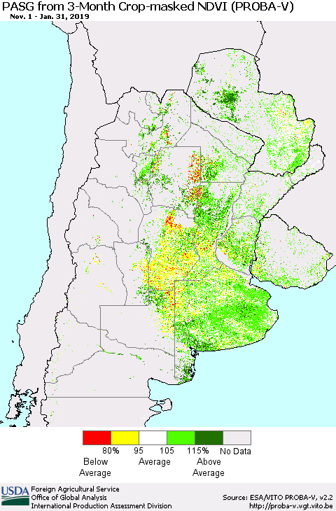 Southern South America PASG from 3-Month Crop-masked NDVI (PROBA-V) Thematic Map For 1/21/2019 - 1/31/2019