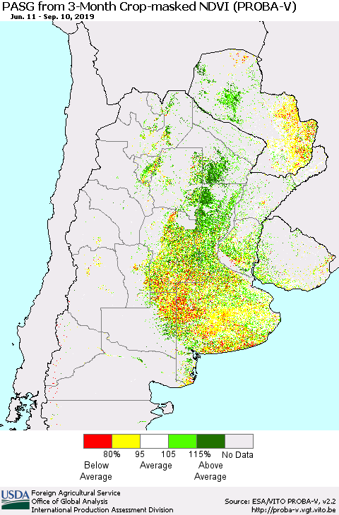 Southern South America PASG from 3-Month Crop-masked NDVI (PROBA-V) Thematic Map For 9/1/2019 - 9/10/2019