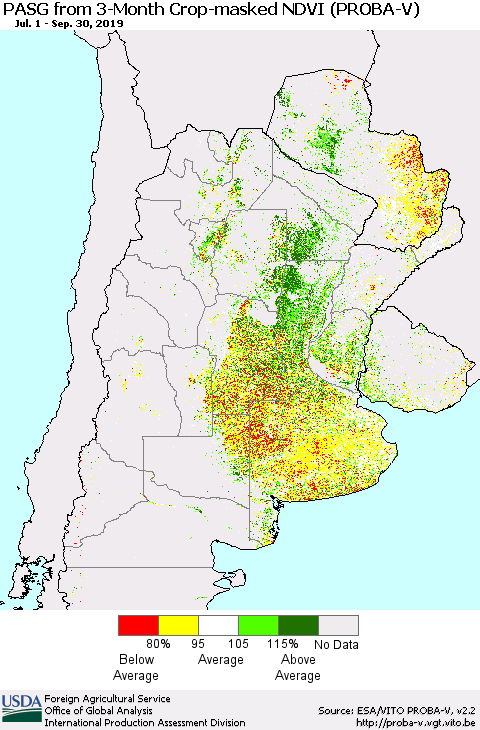 Southern South America PASG from 3-Month Crop-masked NDVI (PROBA-V) Thematic Map For 9/21/2019 - 9/30/2019