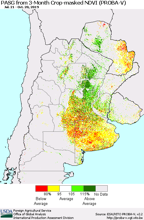 Southern South America PASG from 3-Month Crop-masked NDVI (PROBA-V) Thematic Map For 10/11/2019 - 10/20/2019
