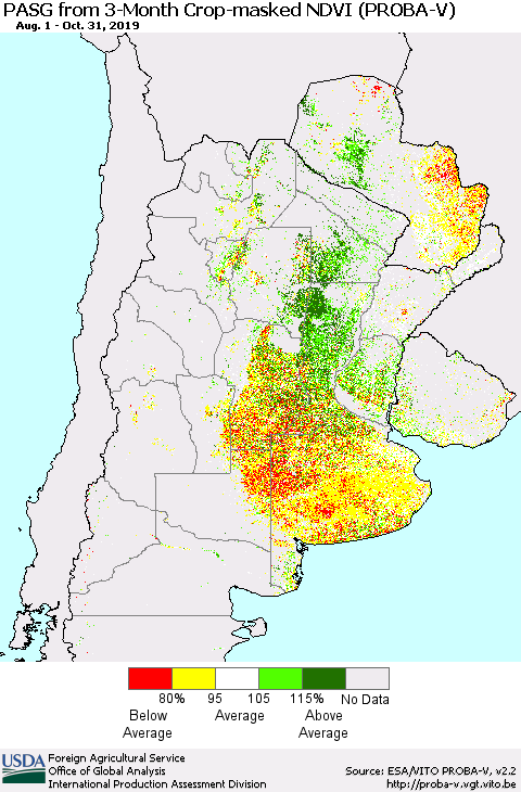 Southern South America PASG from 3-Month Crop-masked NDVI (PROBA-V) Thematic Map For 10/21/2019 - 10/31/2019