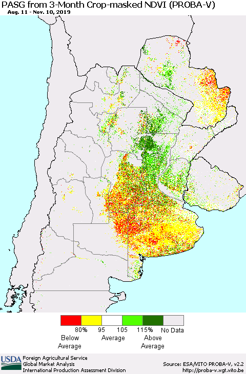 Southern South America PASG from 3-Month Crop-masked NDVI (PROBA-V) Thematic Map For 11/1/2019 - 11/10/2019