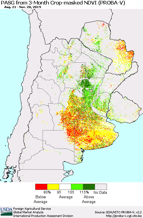 Southern South America PASG from 3-Month Crop-masked NDVI (PROBA-V) Thematic Map For 11/11/2019 - 11/20/2019