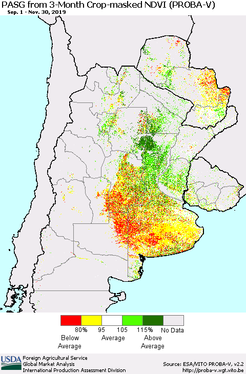 Southern South America PASG from 3-Month Crop-masked NDVI (PROBA-V) Thematic Map For 11/21/2019 - 11/30/2019