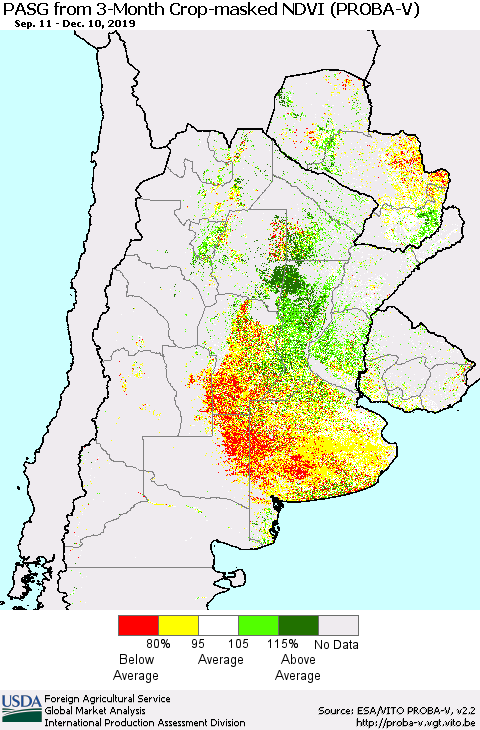 Southern South America PASG from 3-Month Crop-masked NDVI (PROBA-V) Thematic Map For 12/1/2019 - 12/10/2019