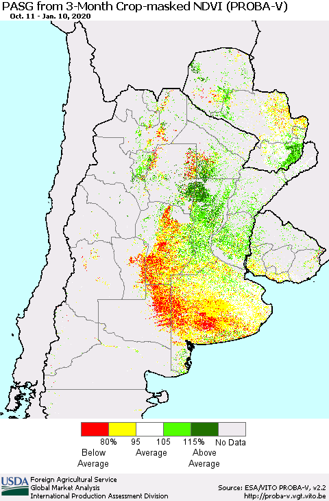 Southern South America PASG from 3-Month Crop-masked NDVI (PROBA-V) Thematic Map For 1/1/2020 - 1/10/2020