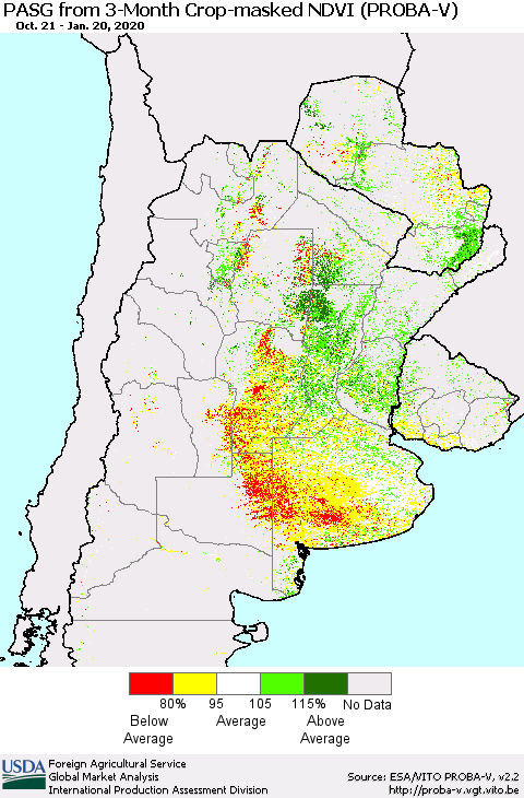 Southern South America PASG from 3-Month Crop-masked NDVI (PROBA-V) Thematic Map For 1/11/2020 - 1/20/2020
