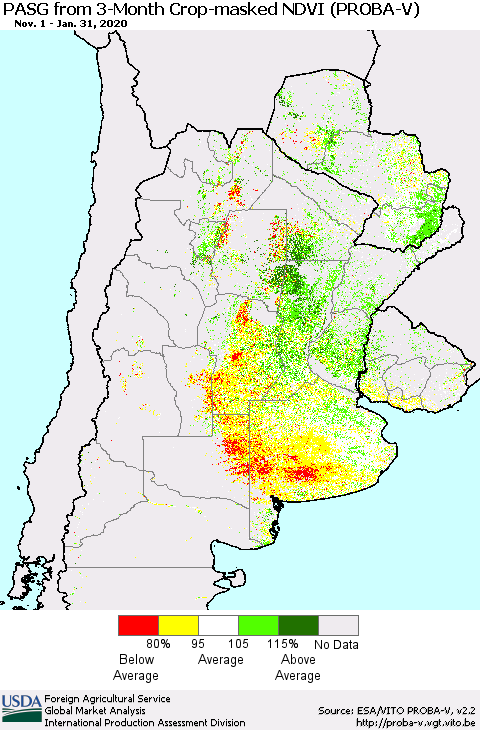 Southern South America PASG from 3-Month Crop-masked NDVI (PROBA-V) Thematic Map For 1/21/2020 - 1/31/2020