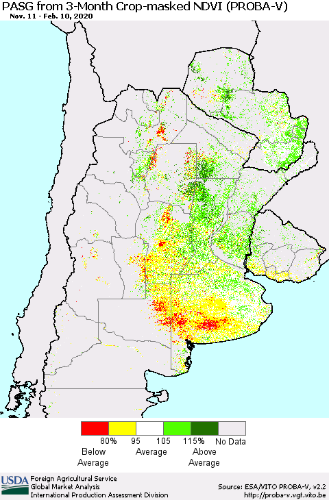 Southern South America PASG from 3-Month Crop-masked NDVI (PROBA-V) Thematic Map For 2/1/2020 - 2/10/2020