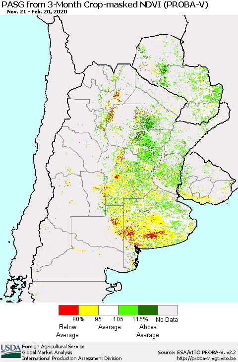 Southern South America PASG from 3-Month Crop-masked NDVI (PROBA-V) Thematic Map For 2/11/2020 - 2/20/2020